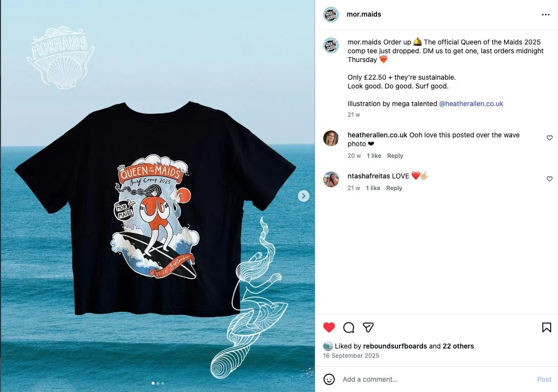 An illustrated t shirt featuring a woman surfing a wave for Queen of the Maids surf competition