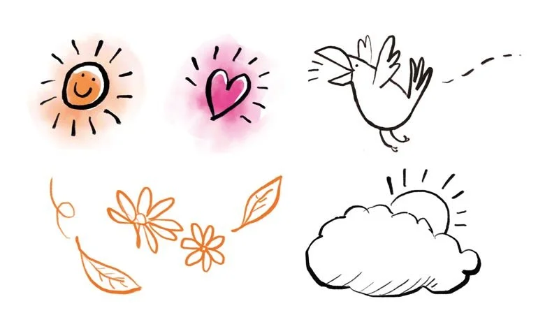A collection of hand drawn bird heart sun and flower illustrations
