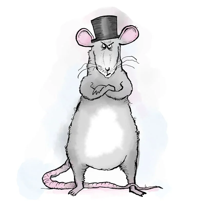 comical watercolour illustration of a grumpy rat in a top hat