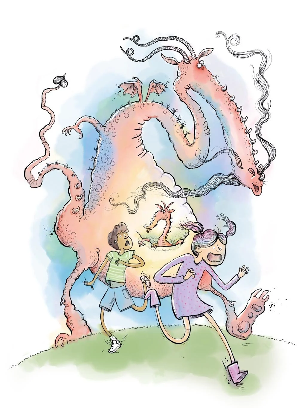 two children running away from a pink dragon with tiny wings