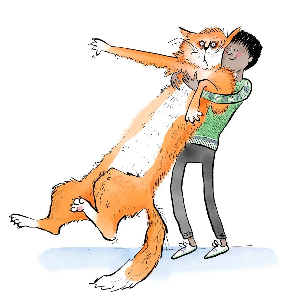  illustration of a black child hugging a reluctant ginger cat 