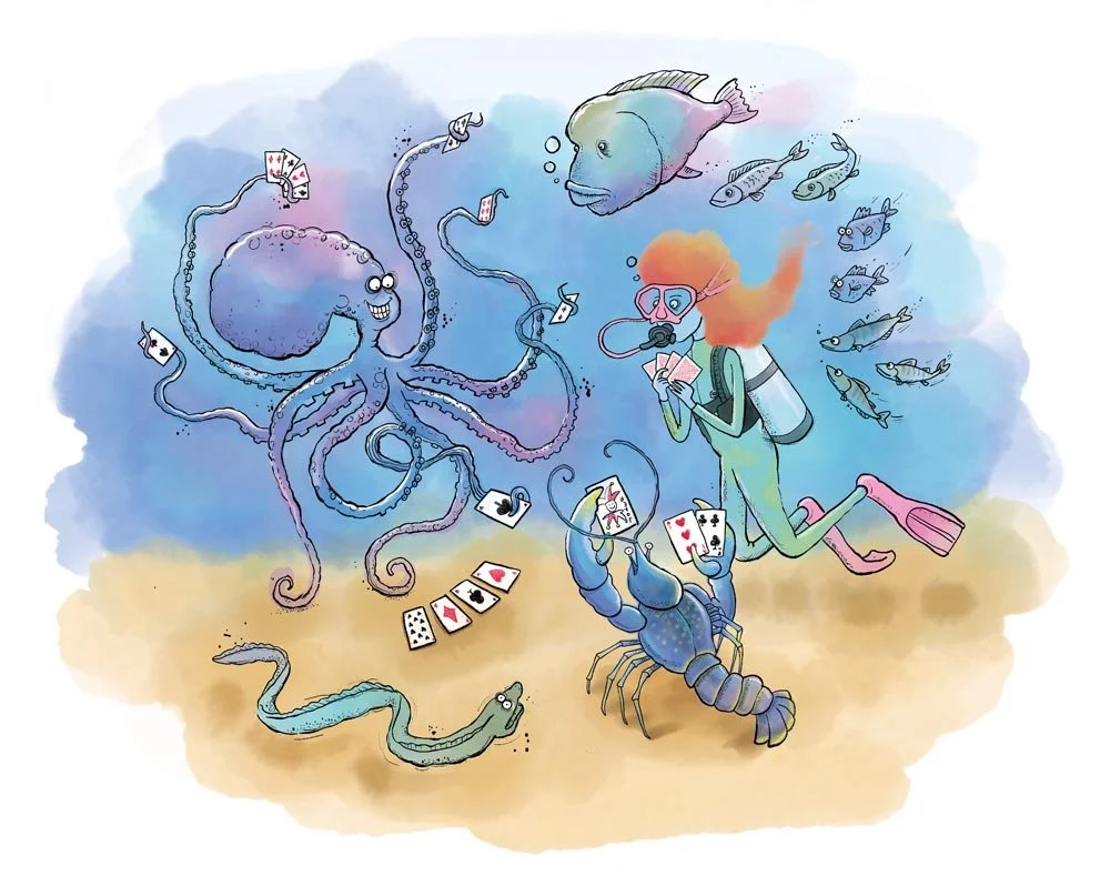 Illustration of an octopus playing cards with a lobster and a diver