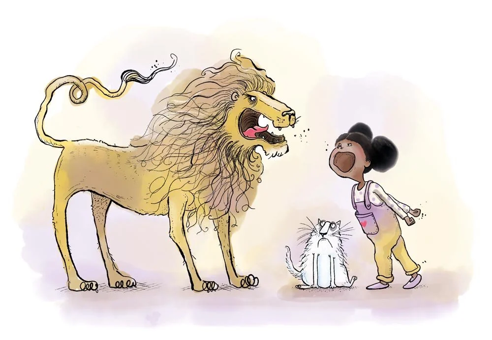 Illustration of a young black girl and her cat shouting at a roaring lion