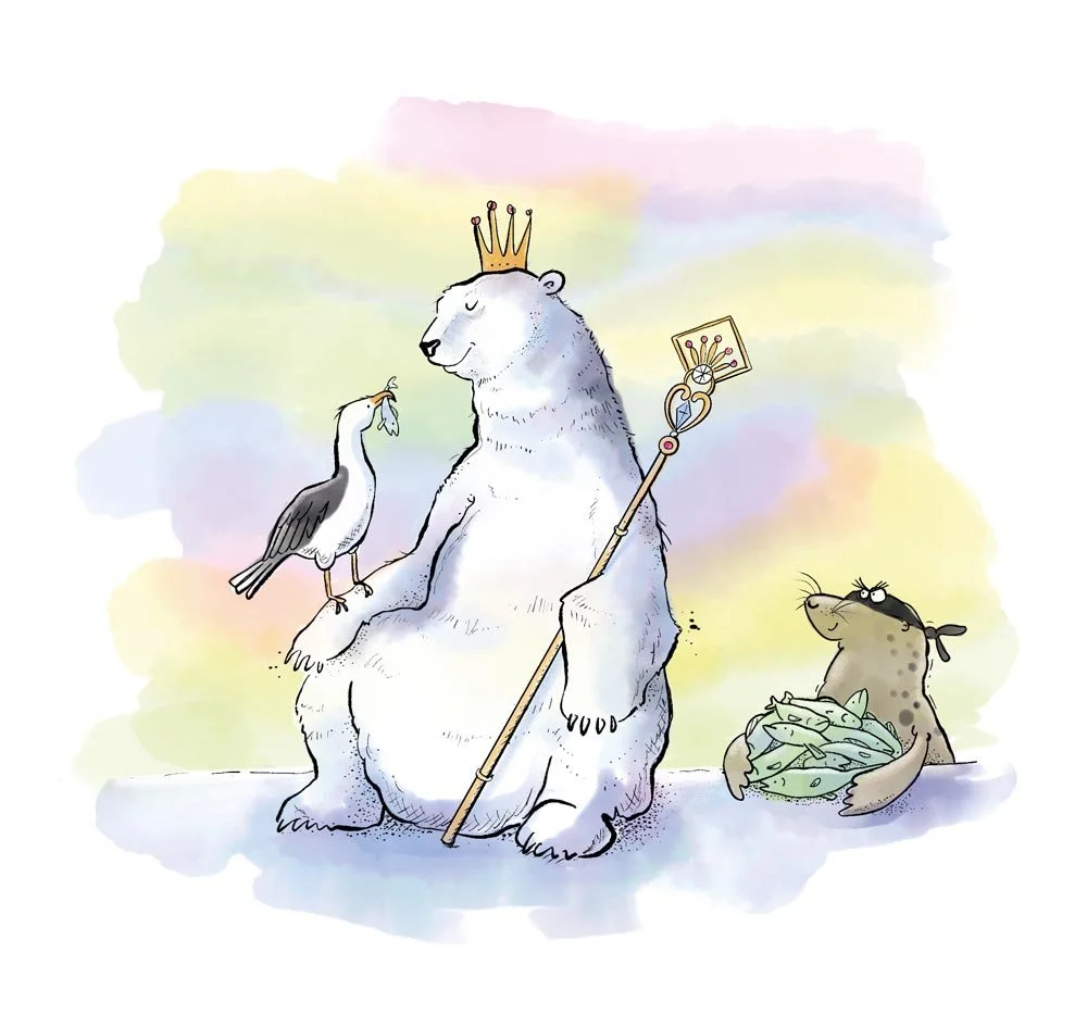 Illustration of a polar bear wearing a crown and holding a royal sceptre