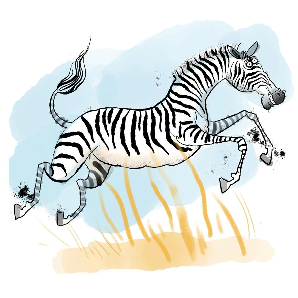  comical illustration of a smiling zebra prancing through the undergrowth 