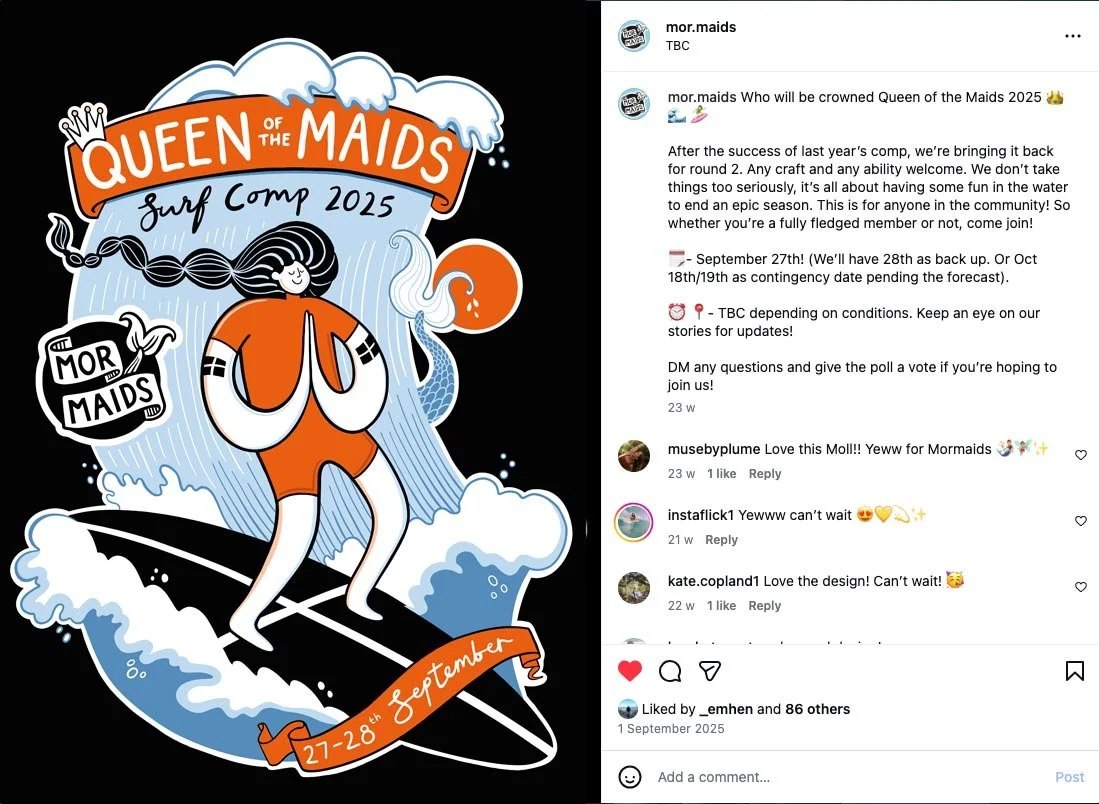 An illustrated poster design of a woman surfing a wave for Queen of the Maids surf competition