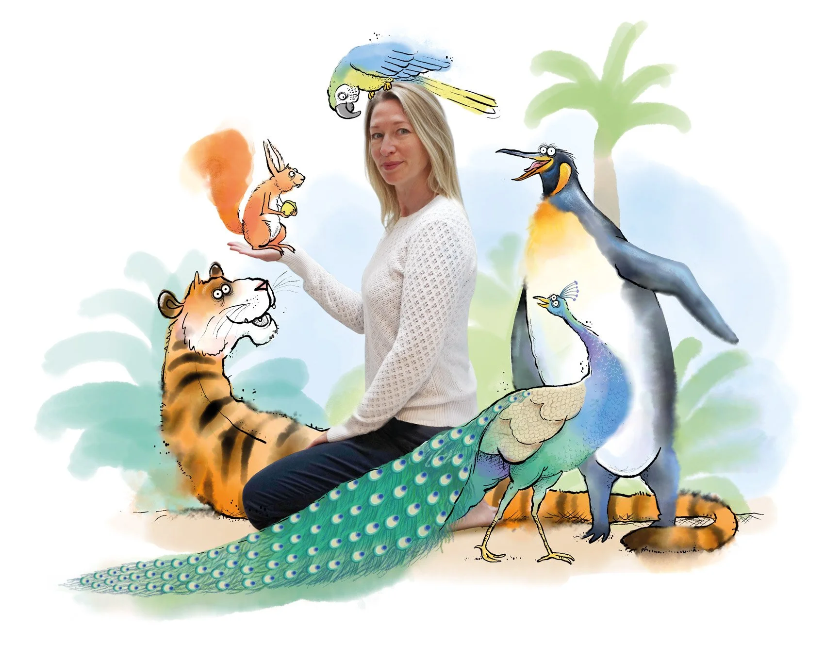 Heather Allen kneeling on the floor with a menagerie of illustrated animals surrounding her