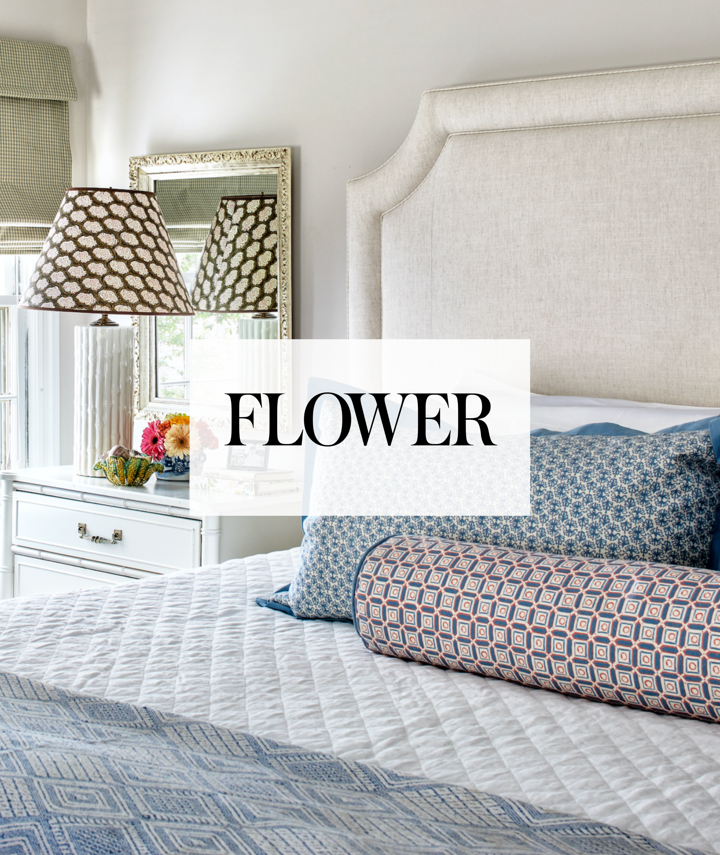 Several pillows are shown from the Marika Meyer Textiles line. An overlay of the Flower Magazine logo where these fabrics were featured.