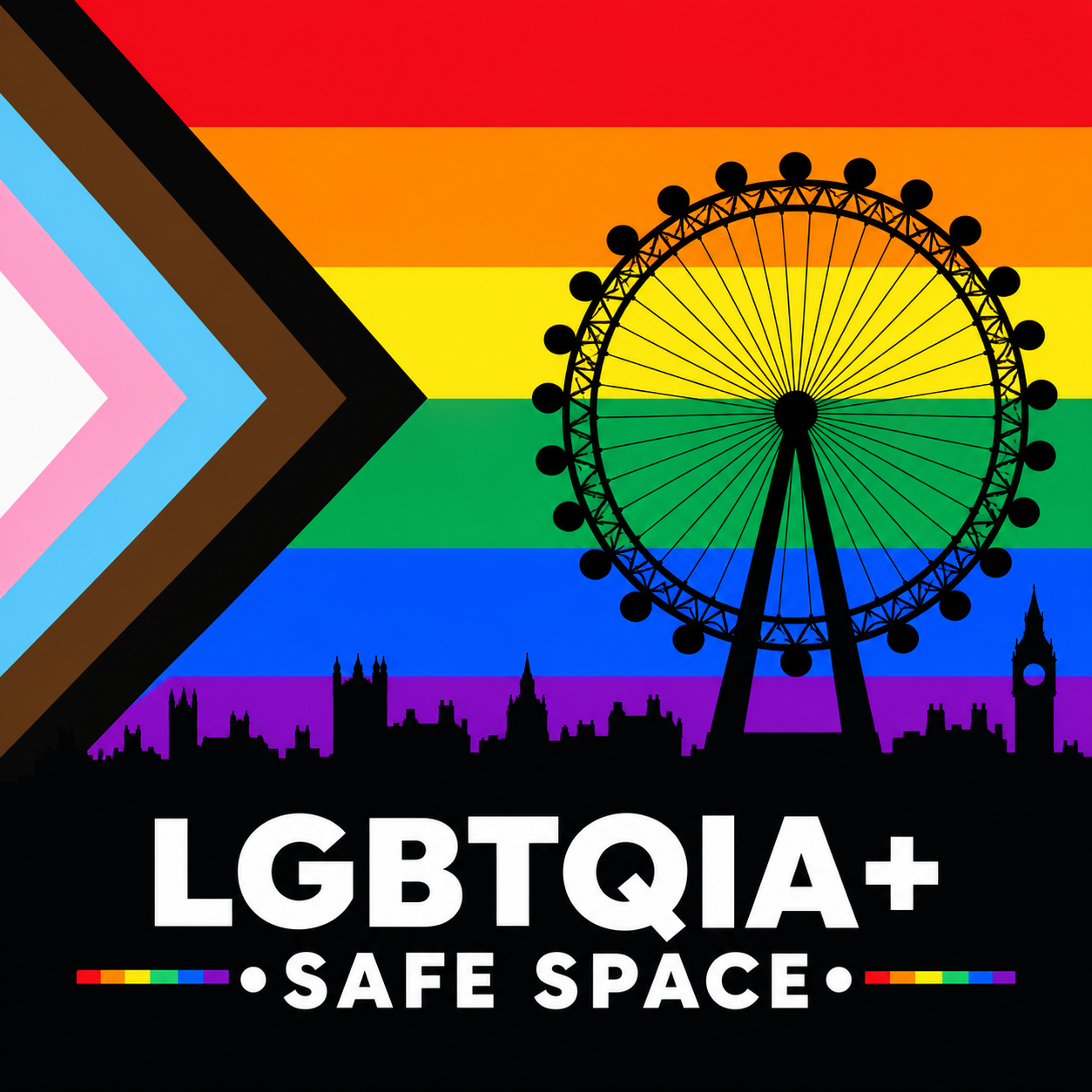 Pride flag showing London eye and LGBTQIA+ safe space. Central London psychologist therapist offering supportive therapy