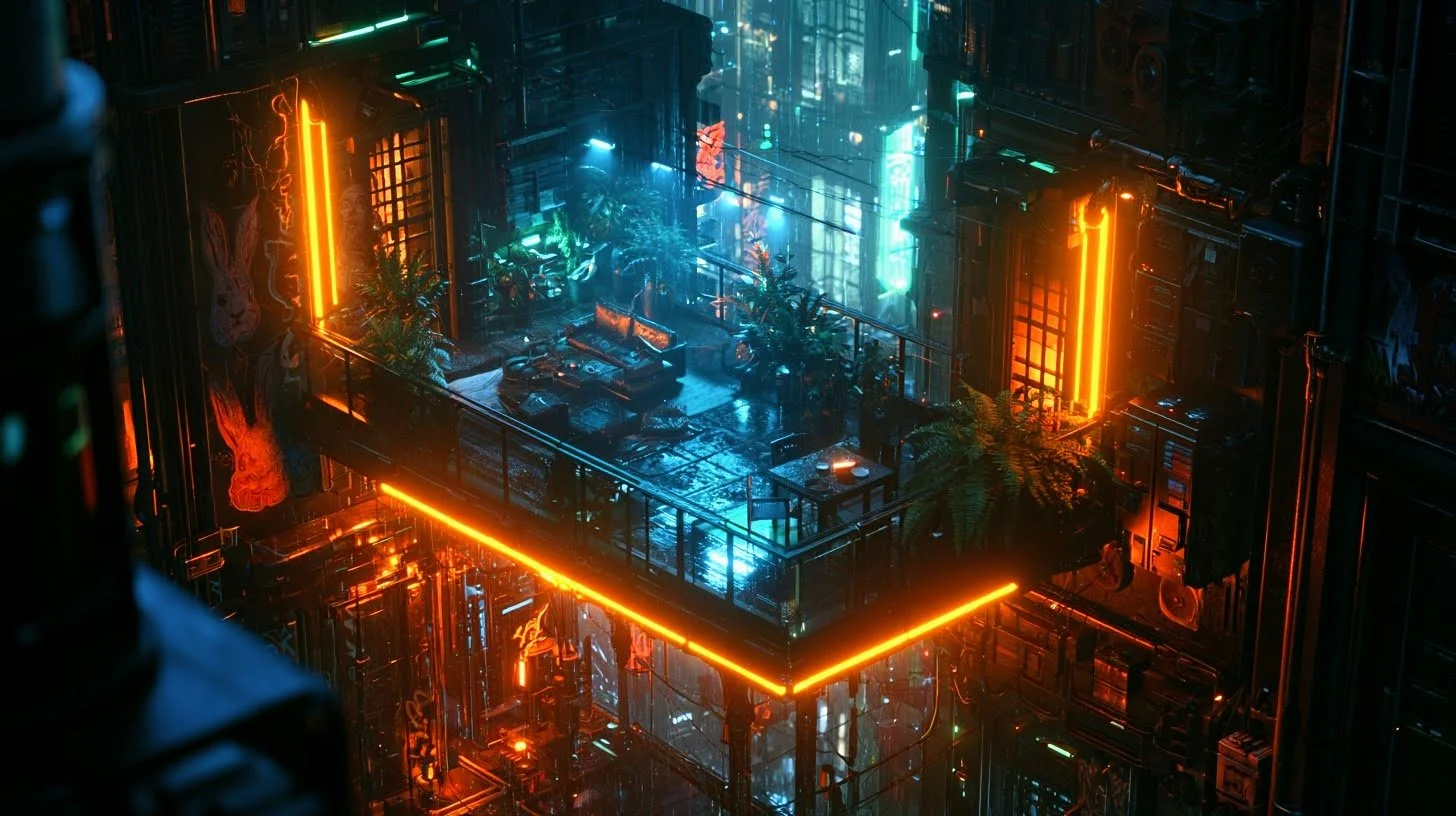 A futuristic, neon-lit interior scene with a glass-walled elevated lounge area, decorated with plants, illuminated by glowing orange and teal lights, with a cyberpunk aesthetic.