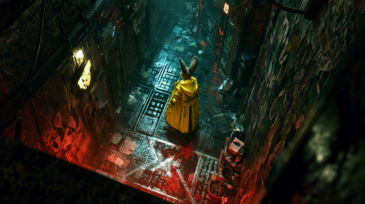 A humanoid rabbit wearing a yellow raincoat stands in a narrow alleyway with graffiti-covered walls, dim lighting, and a wet, reflective floor.
