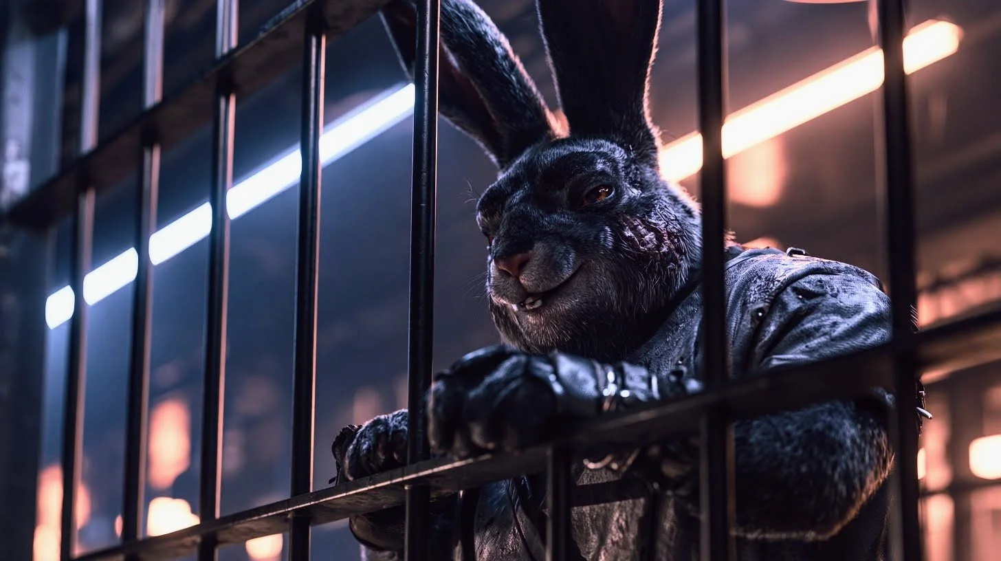 Anthropomorphic rabbit with dark fur, wearing a leather jacket, behind a metal cage, with a cityscape illuminated in the background at night.