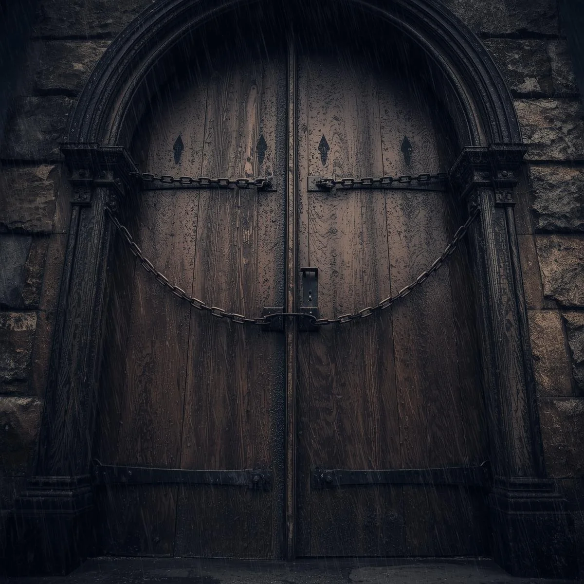 Kuvassa on suuri, pimeä ja vanhan näköinen puinen ovi, jonka ympärillä on kiviseinä. Ovi on lukittu ketjulla.