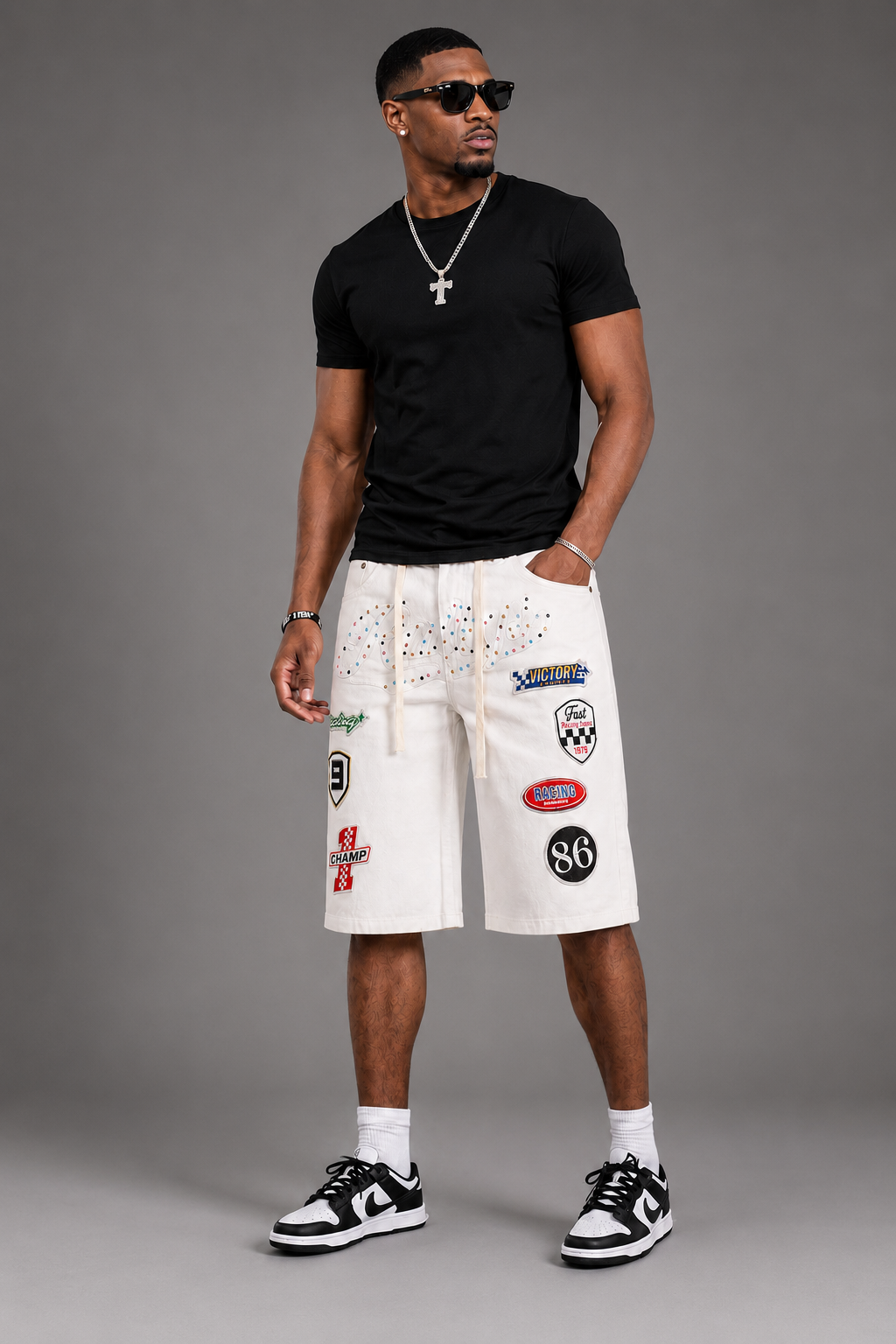 Racing Legend Rhinestone Patch Denim Shorts