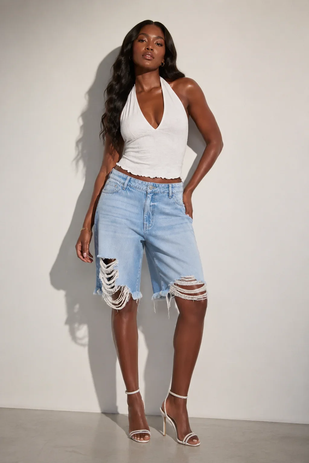 Light Wash Distressed Bermuda Denim Shorts