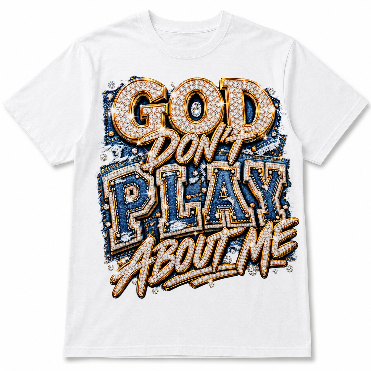 White tee with rhinestone denim typography.png