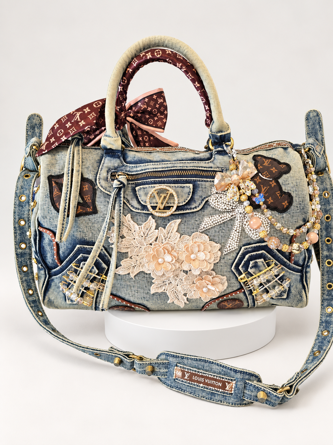 Handmade denim handbag, boutique studio photo.png