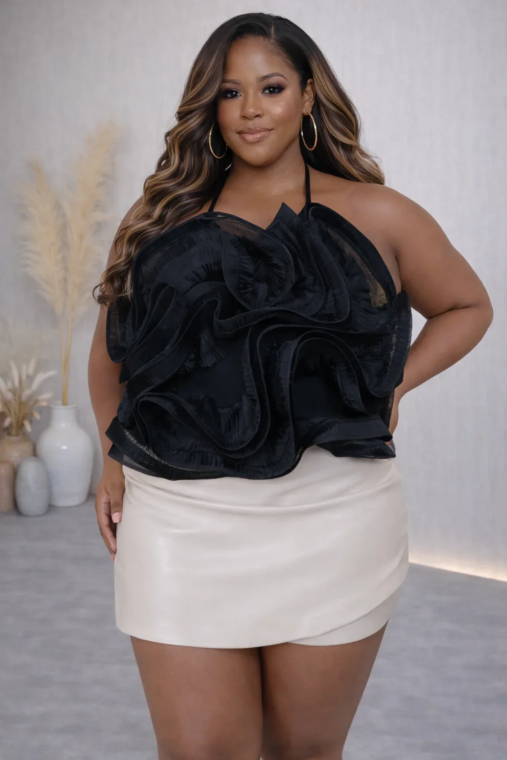 Midnight Elegance Ruffled Organza Halter Top (Plus) – Pre-Sale