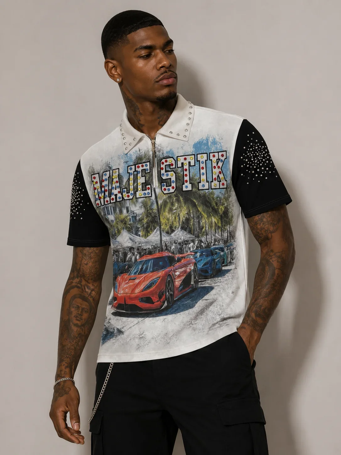Majestik Luxury Car Rhinestone Zip Polo