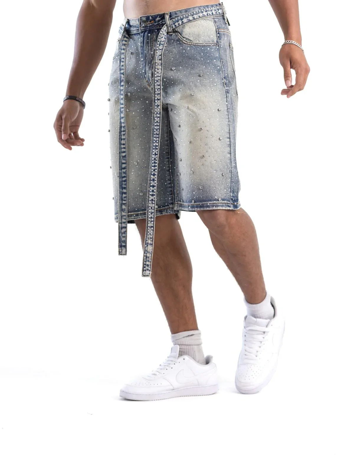 Men's Rhinestone Embellished Denim Shorts