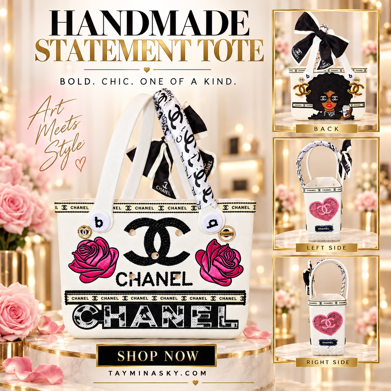 Black, White & Pink Designer-Inspired Handmade Statement Tote