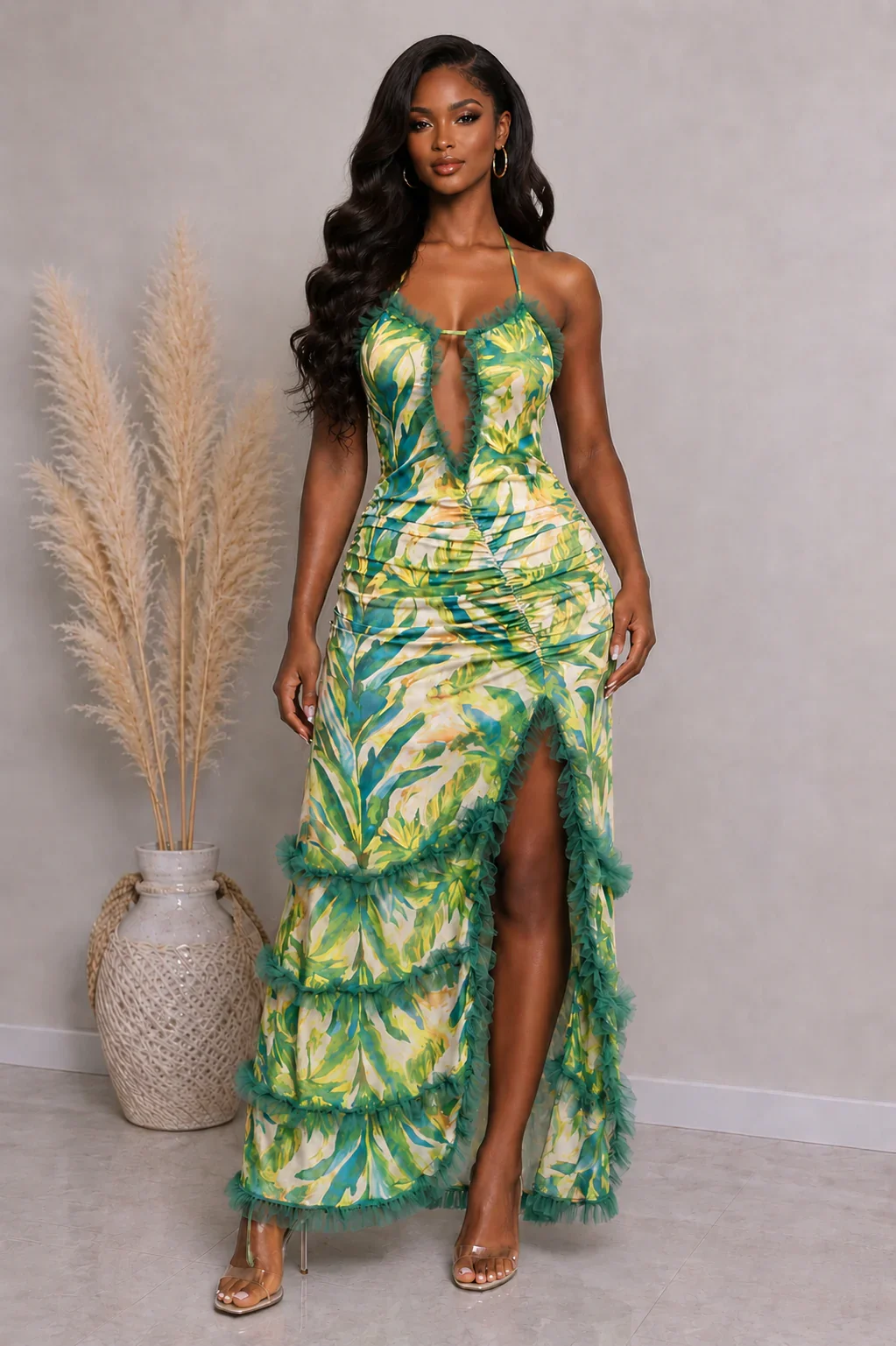 Tropical Escape Printed Deep V-Neck Ruched Maxi Dress (Pre-Sale)