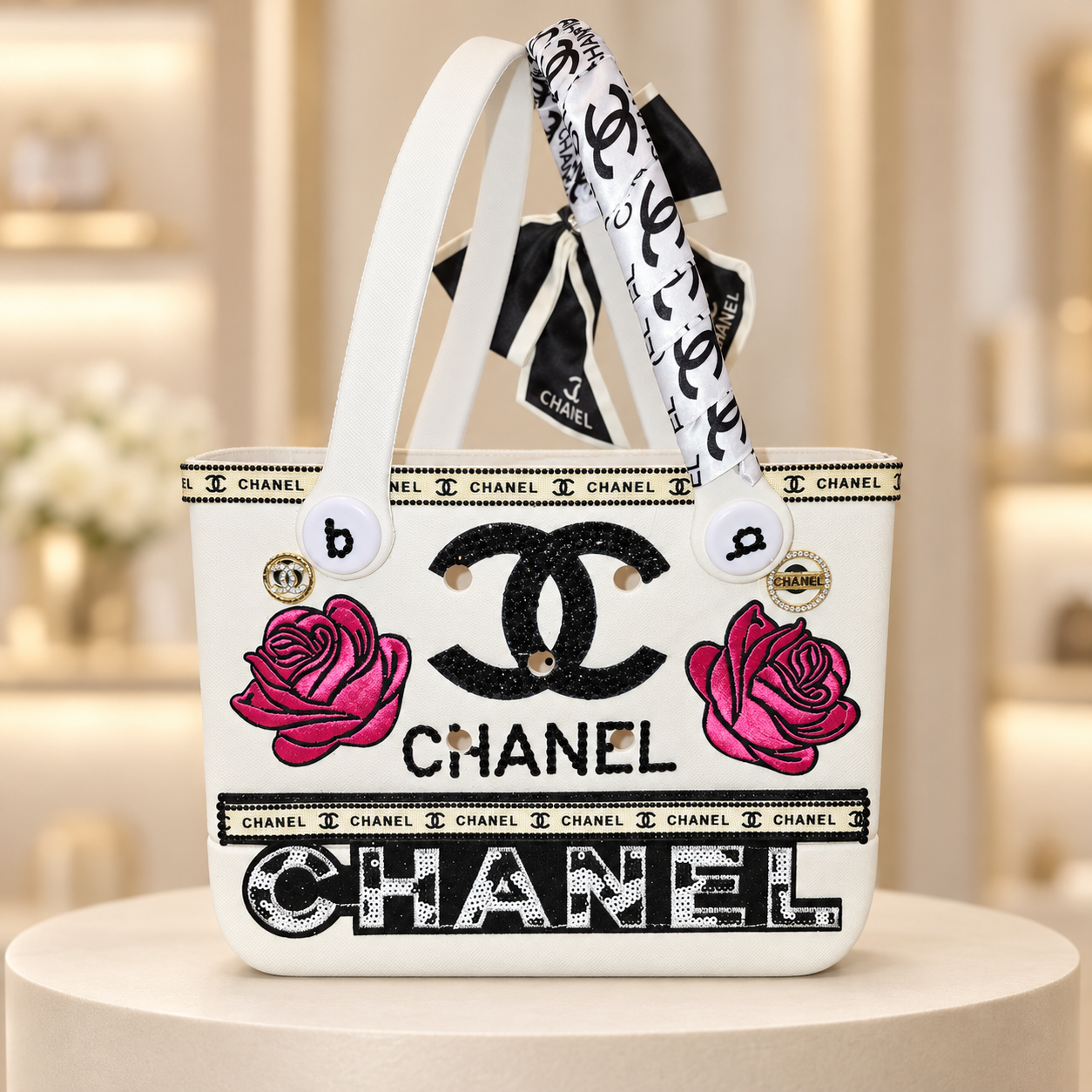 Handmade White Tote on Ivory Pedestal.png