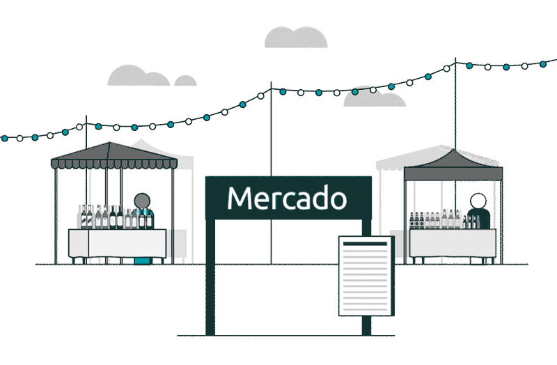 Un mercado al aire libre que muestra cerveza y vino. Más carritos aparecen cambiando a opciones de bebidas saludables.