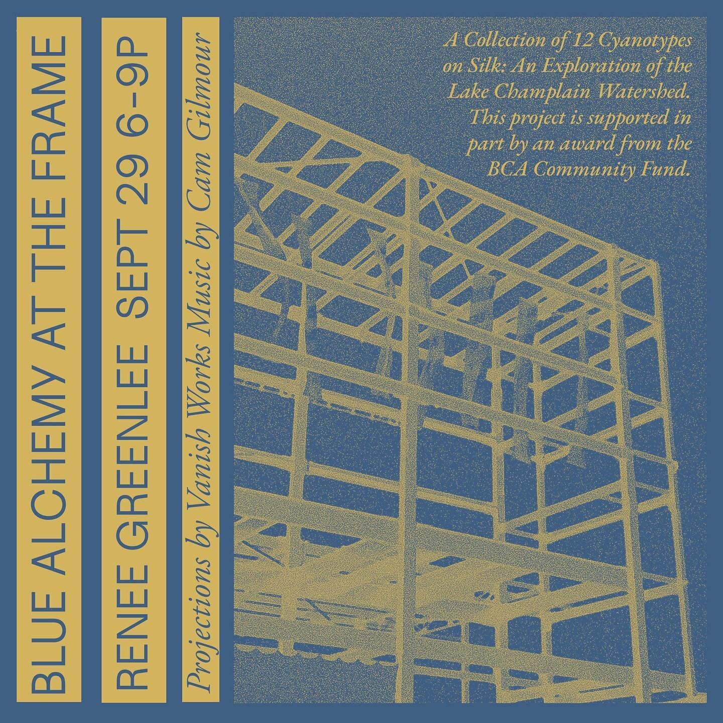 🔵 THIS FRIDAY 9/29! 🔵

Come through 6-9pm for the opening of The FRAME&rsquo;s newest art installation!

A site-specific work by @rbgphoto Blue Alchemy: A Collection of 12 Cyanotypes on Silk, An Exploration of The Lake Champlain Watershed 

Featuri