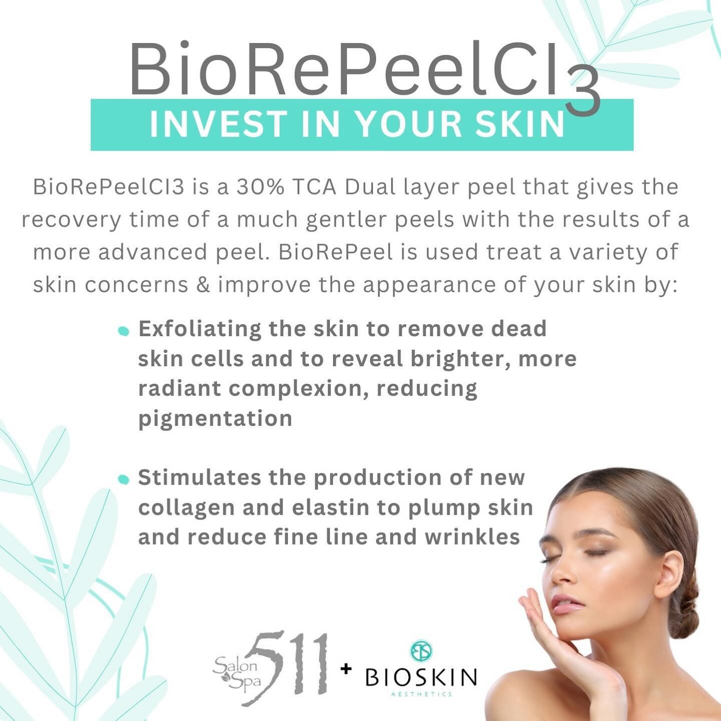 Invest in your skin with the BioRePeelCI3 Face Treatment!! 

This peel is &mdash; Non-Invasive | Painless | Safe for Most Skin Types | No Downtime | Results Visible Within Days

Options to purchase service in a 1, 2 or 4 series. Plus when you purchas