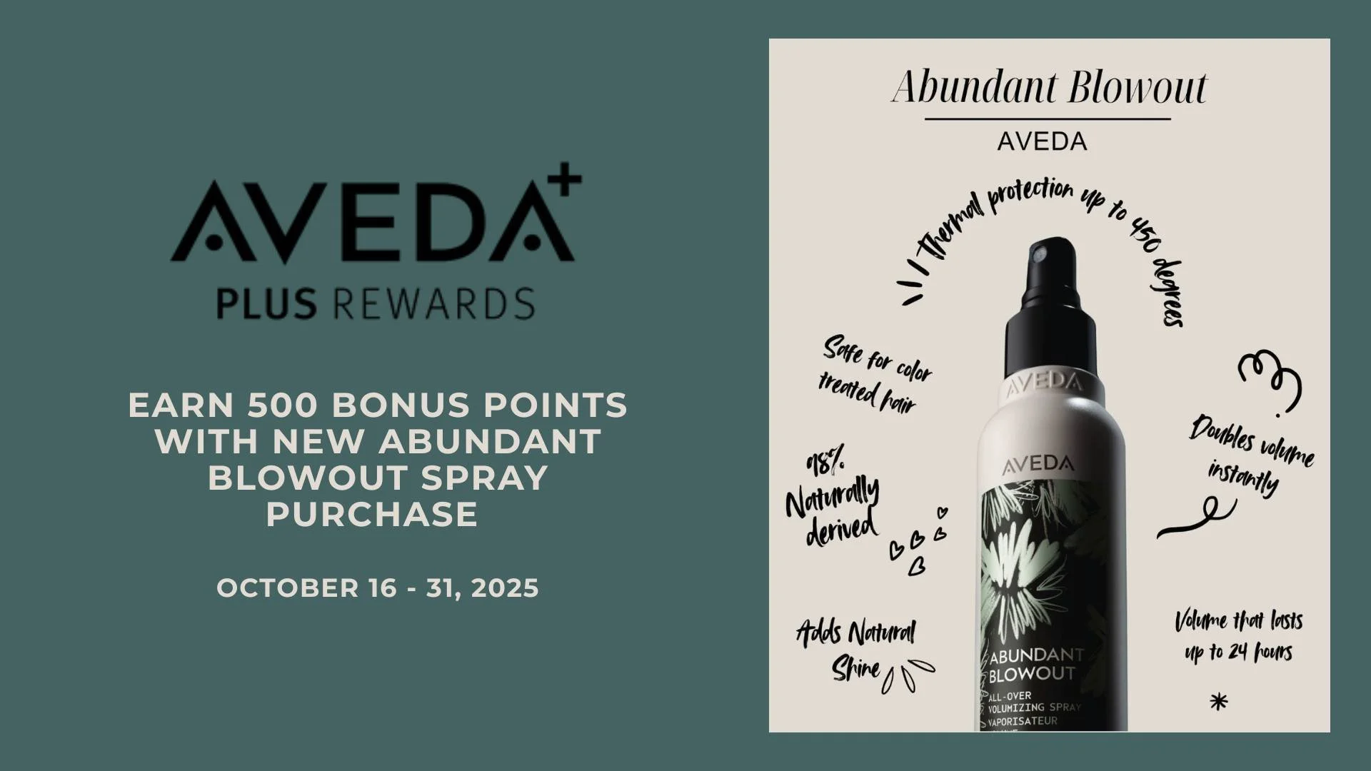 Aveda Plus Rewards Members....Don't miss out on the 500 bonus points when you purchase the New Aveda Abundant Blowout Spray!!

#avedaplusrewards #aveda #bonuspoints #avedasalonandspa #salonandspa511