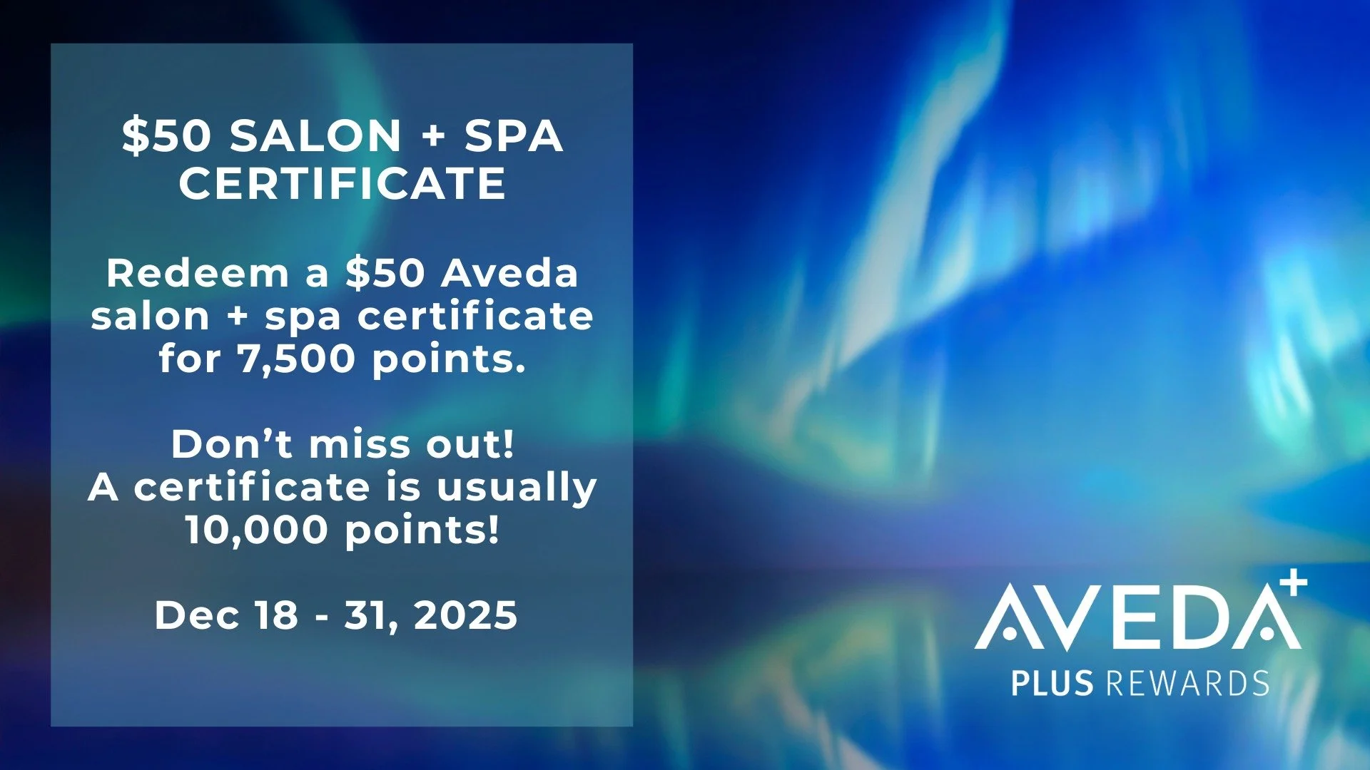 Aveda Plus Rewards Members!! 📣

Don't miss out on this limited time flash reward!!

Receive a $50 Aveda salon + spa certificate for only 7,500 points -  normally 10,000.

Now through Dec 31st! 

Stop in or call 920.467.3339 and one of our front desk