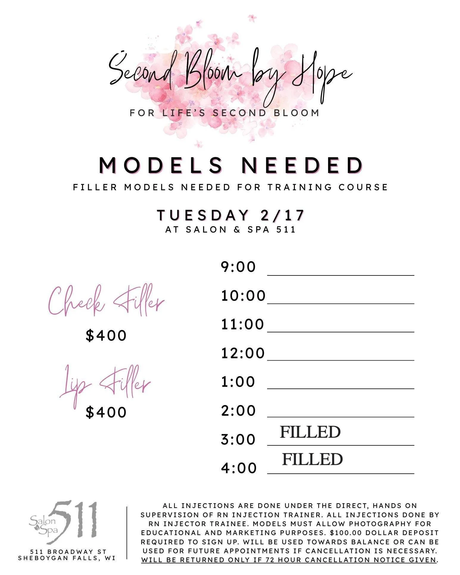Filler Models Needed on Tuesday February 17th with @Second Bloom by Hope 

Give Salon &amp; Spa 511 to reserve your spot!  920.467.3339

#salonandspa511 #secondbloombyhope #fillermodels