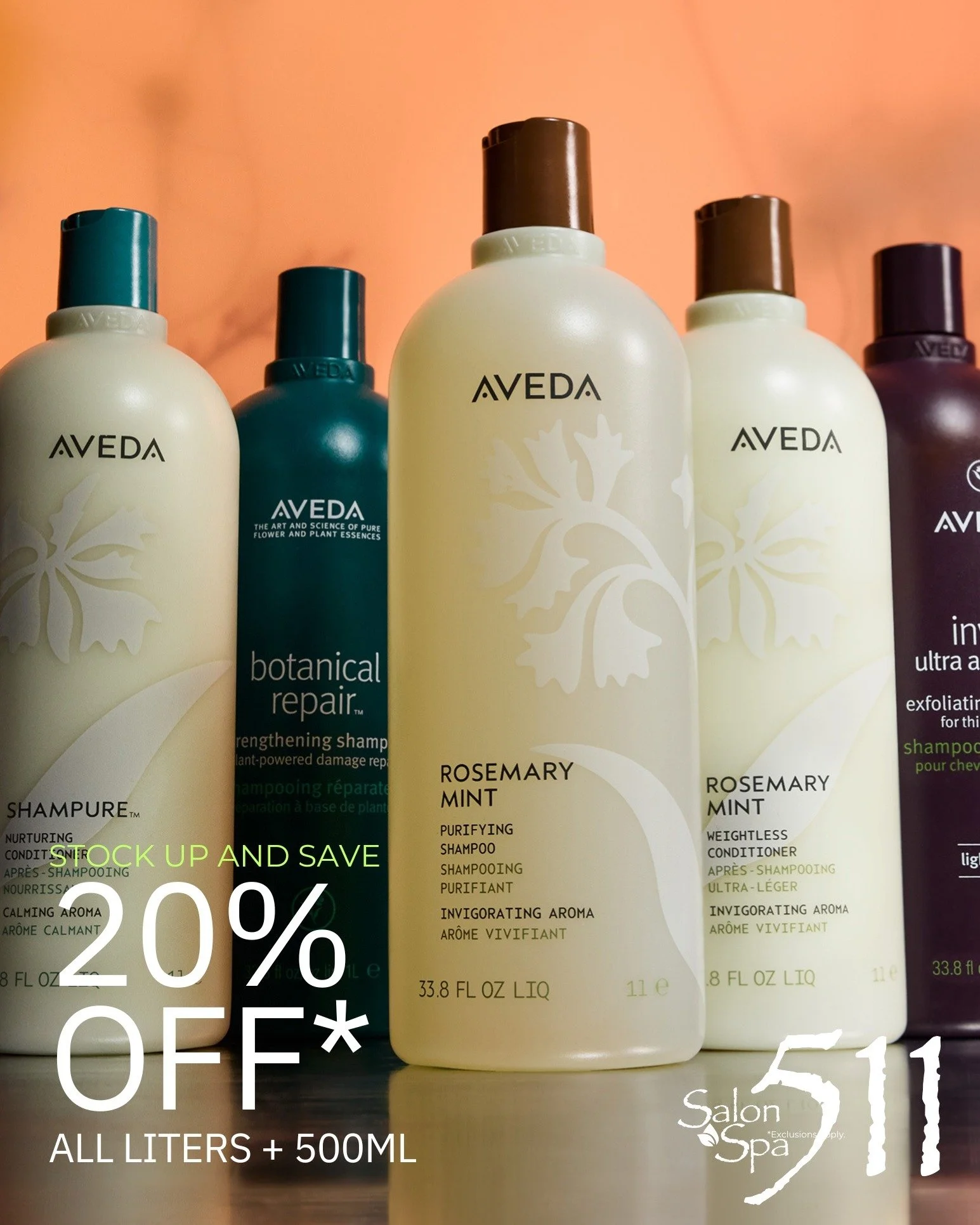 Stock up and save....20% off all aveda liters and 500ml! 

Now through April 22nd!

#salonandspa511 #aveda