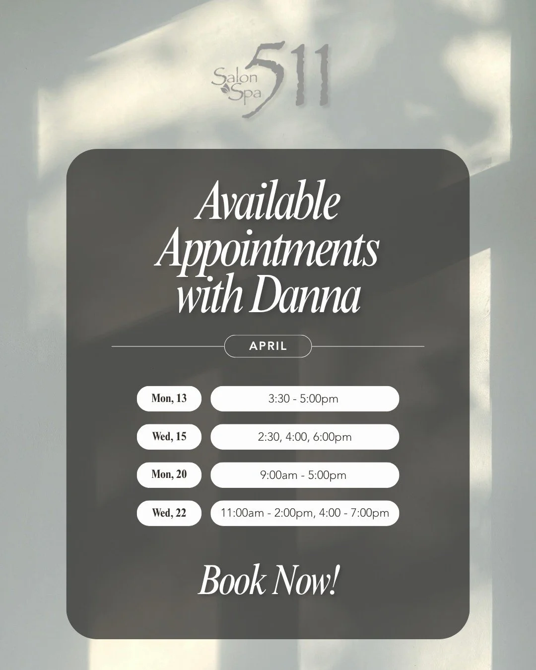 Available Appointments with Danna!!! 

✨ Lashes
✨ Brows
✨ Waxing
✨ Facials 

Book now >> https://login.meevo.com/Salon511/ob?locationId=102429&amp;empId=93ea45c9-aa9d-4600-b84d-b405005958d6&amp;empEntityId=10034