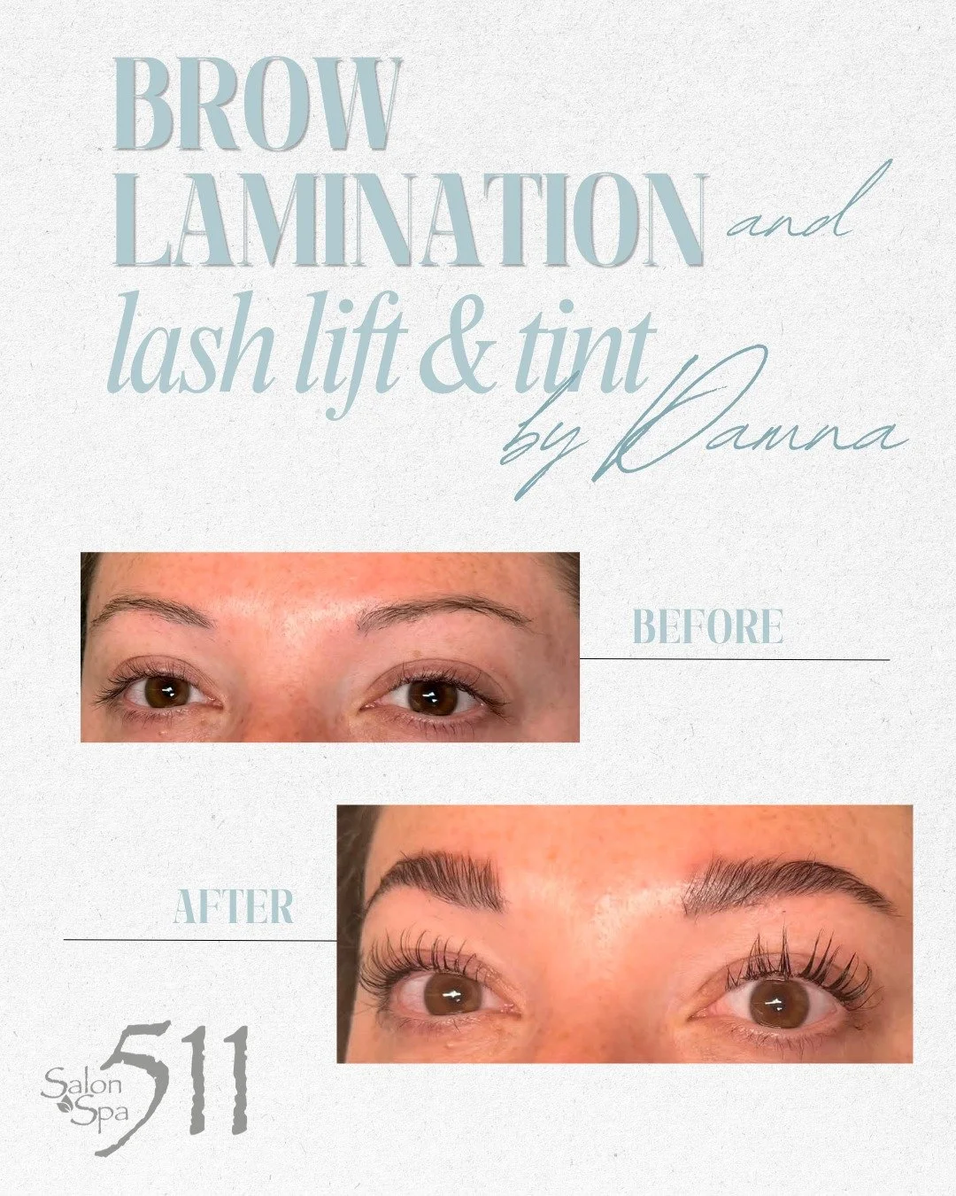 Check out this beautiful Brow Lamination AND Lash Lift &amp; Tint by Danna!! 🩵

Book yours now! https://login.meevo.com/Salon511/ob?locationId=102429&amp;empId=93ea45c9-aa9d-4600-b84d-b405005958d6&amp;empEntityId=10034