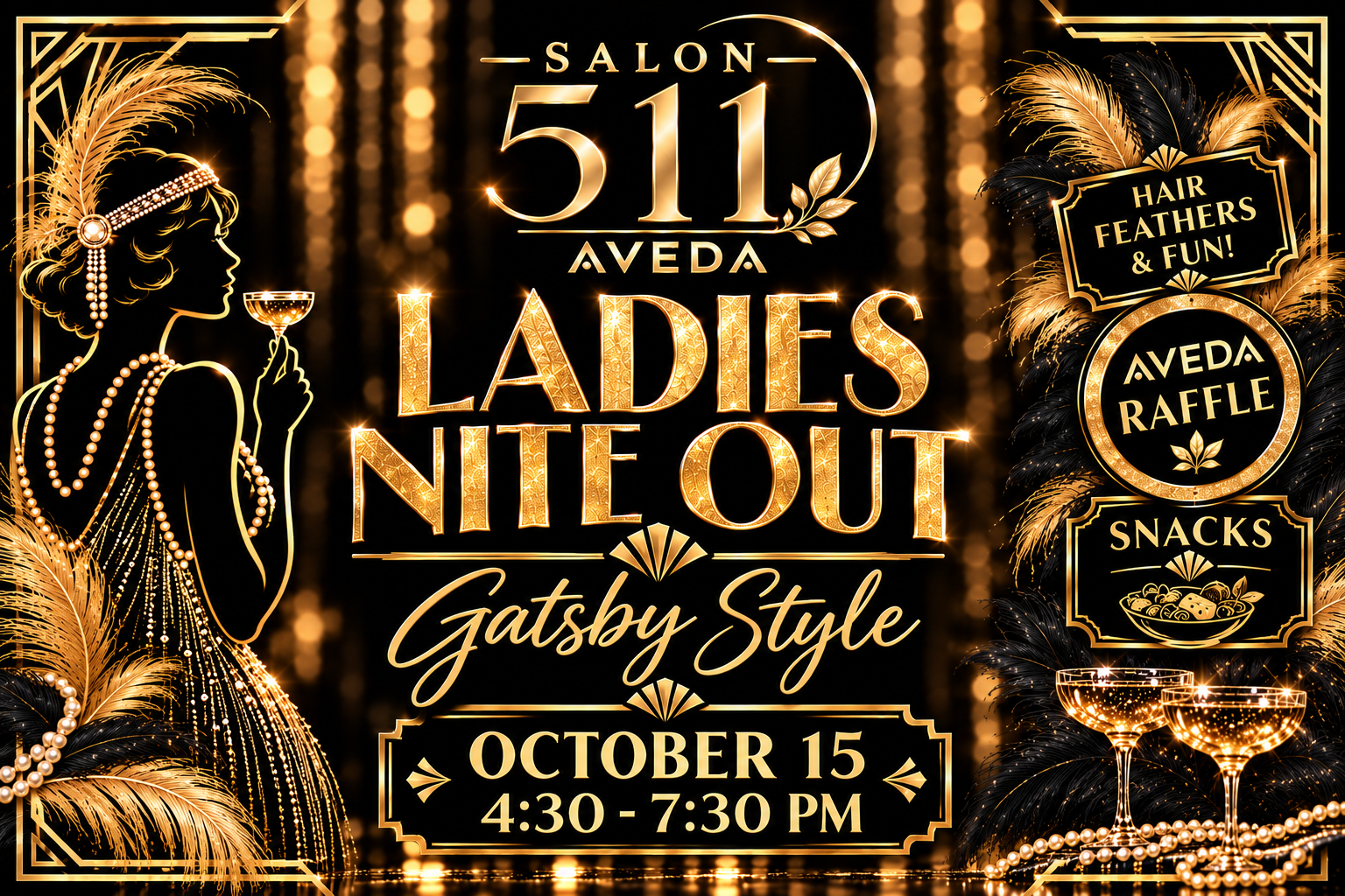 ✨ LADIES NITE OUT — GATSBY STYLE! ✨

Join us for Downtown Sheboygan Falls’ Gatsby Style Ladies Nite Out on October 15 from 4:30–7:30 PM! 🥂✨

Stop in and enjoy:
🍴 A delicious snack
🥂 Refreshments
✨ Hair feathers
🎁 Your chance to win an Aveda raffl