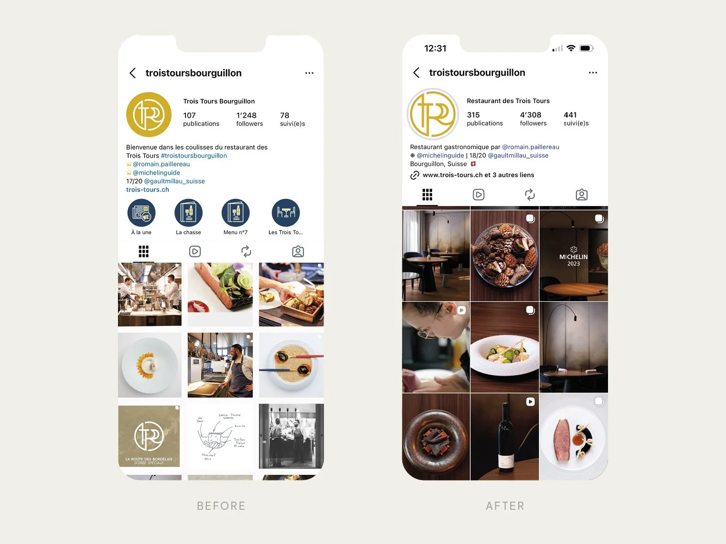 Comparaison du compte instagram du restaurant gastronomique Trois Tours à Bourguillon entre le début et la fin du mandat de communication de Paradoxe Studio