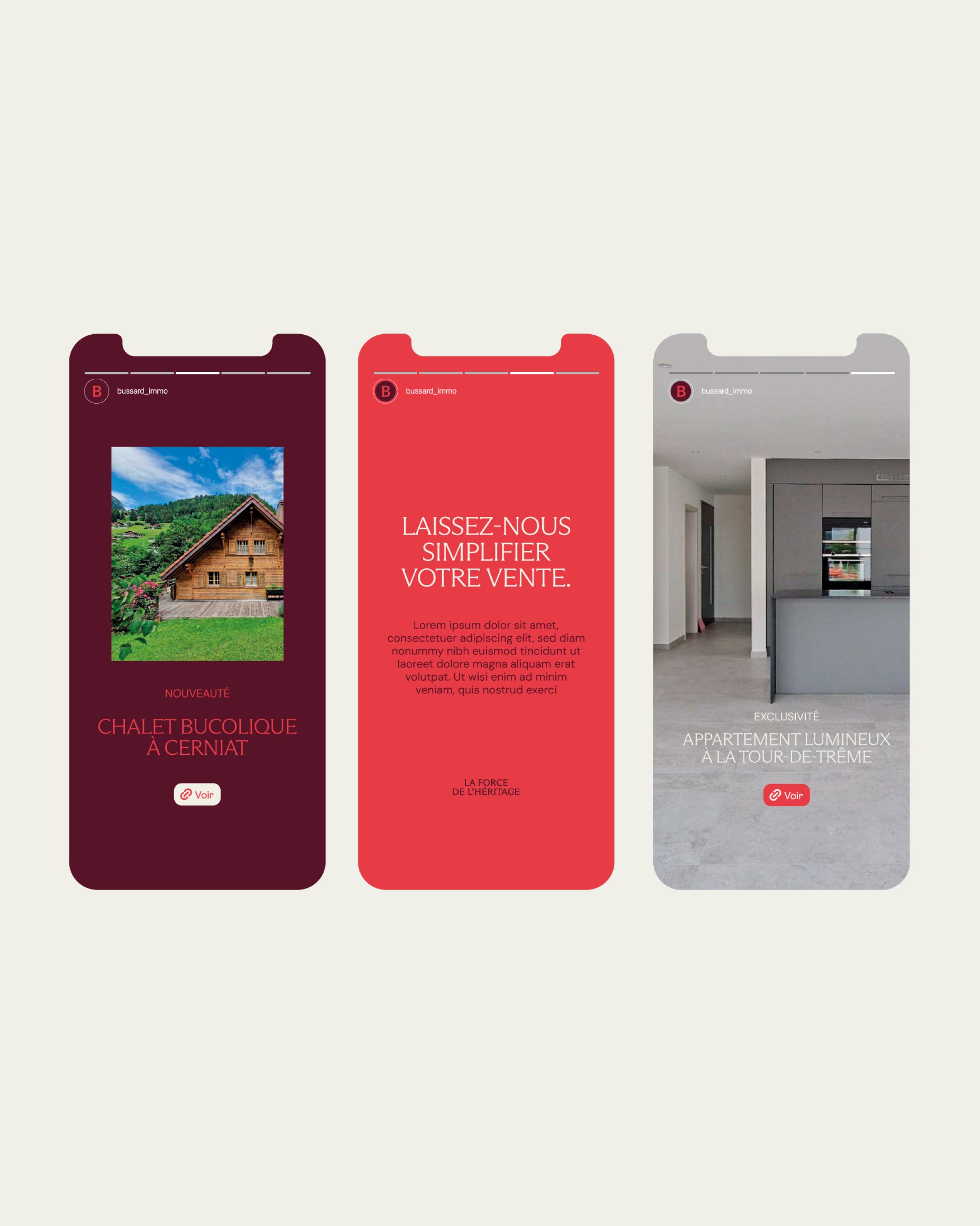 Présentation de modèles de Story pour l'agence immobilière Bussard réalisés dans le cadre du développement de la nouvelle identité visuelle de l'agence par Paradoxe Studio