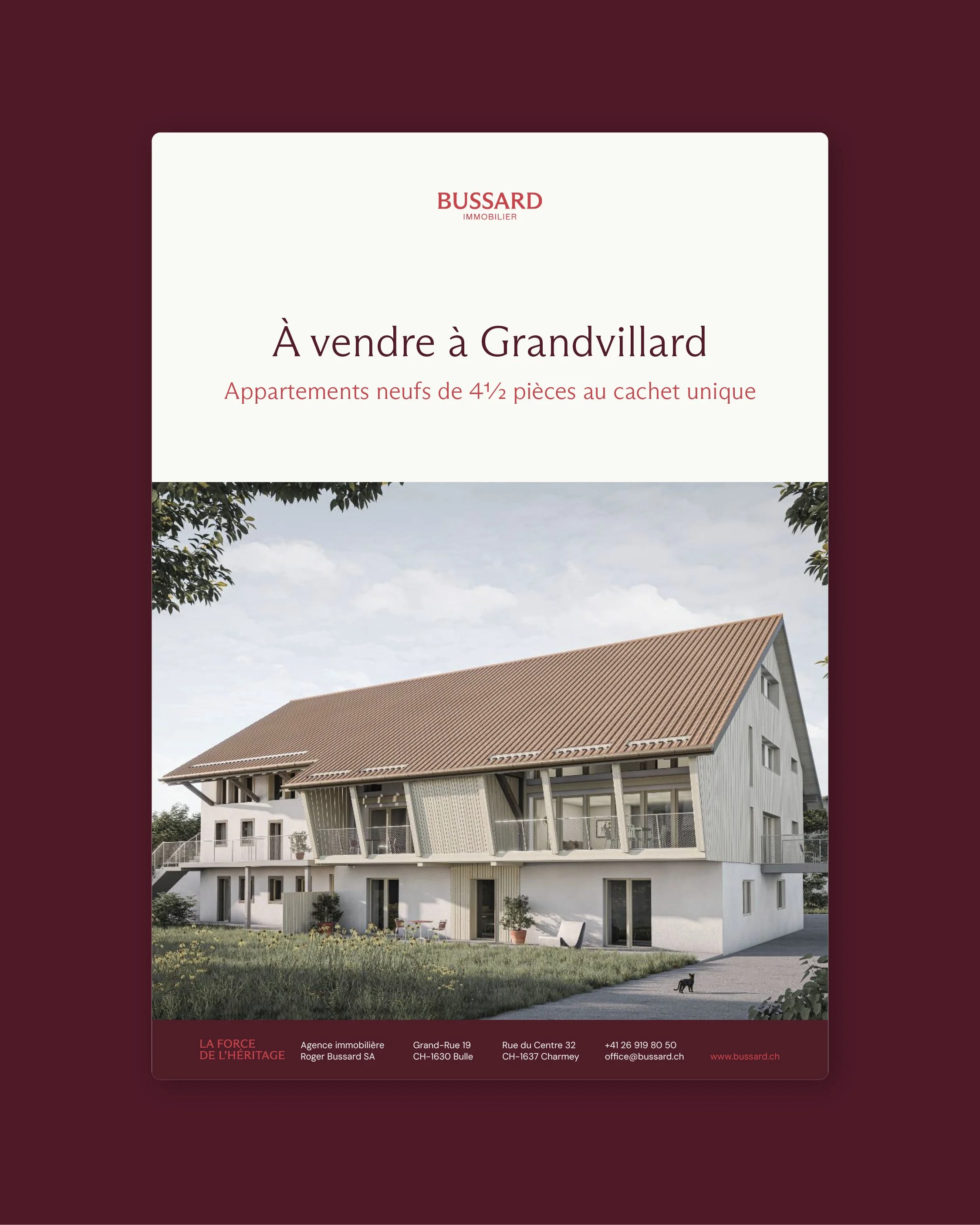 Présentation des couvertures de dossiers de vente de l'agence immobilière Bussard réalisées dans le cadre du changement d'identité visuelle par Paradoxe Studio