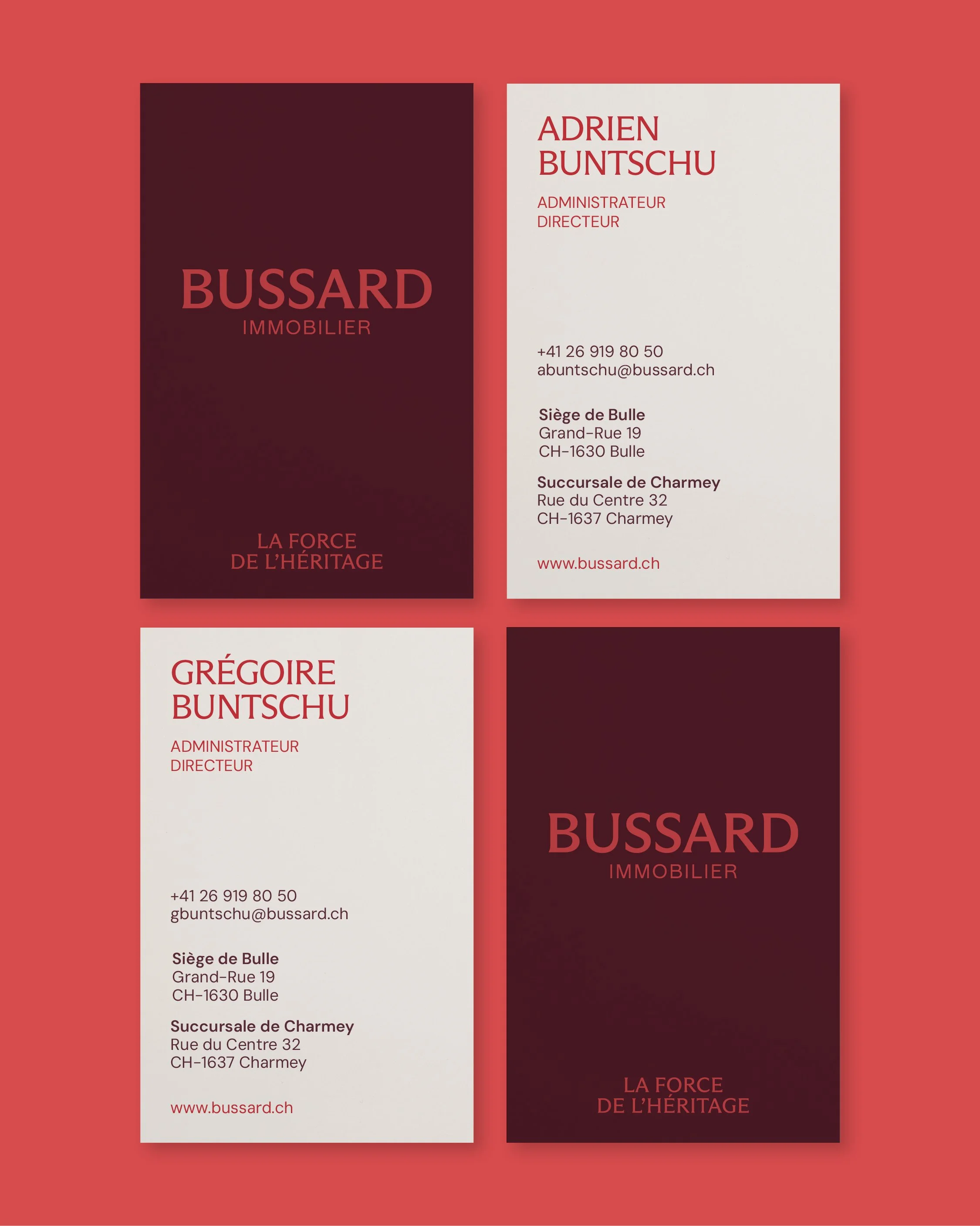 Cartes de visite d'Adrien et Grégoire Buntschu, nouveaux directeurs de Bussard Immobilier, réalisées par Paradoxe Studio