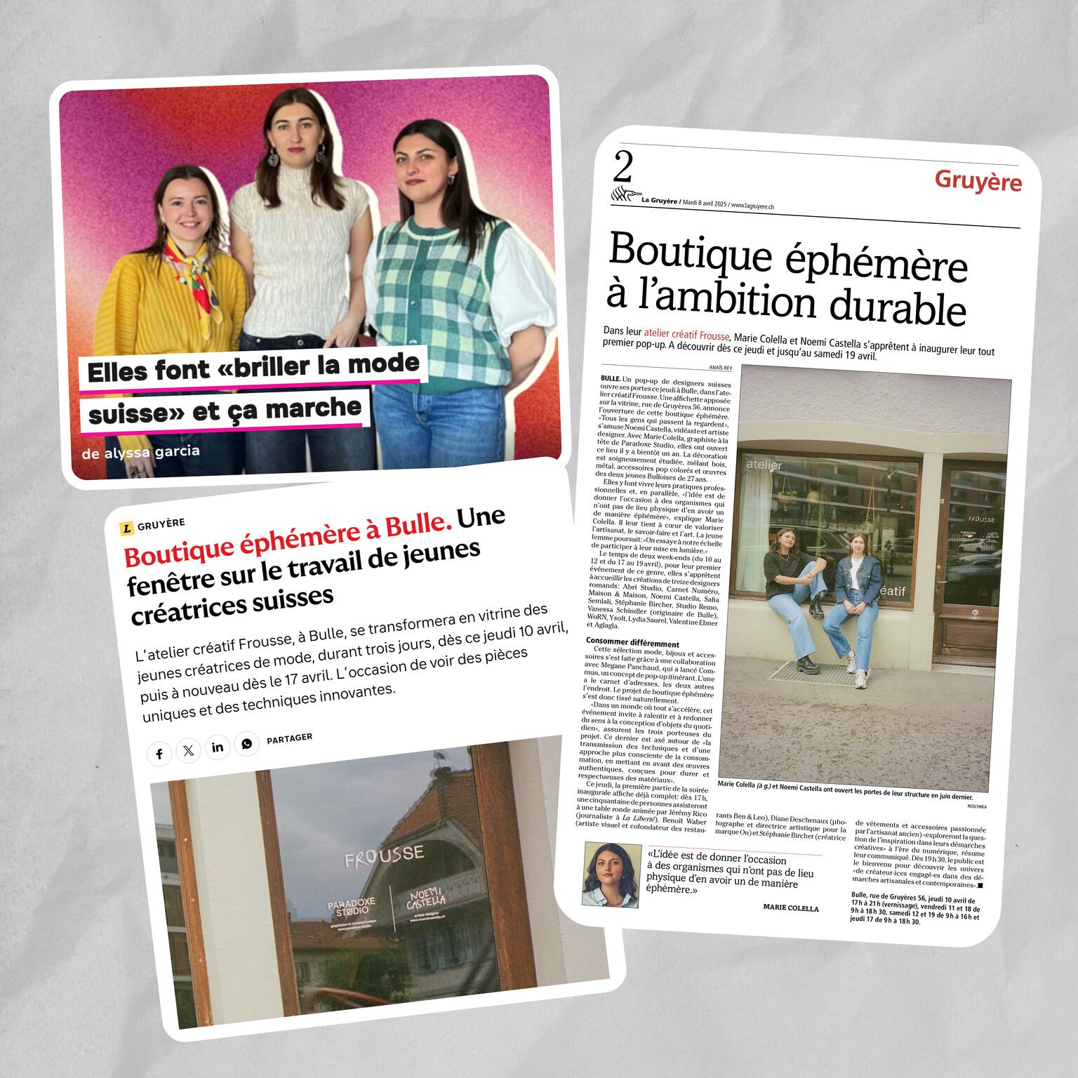 Parutions presse concernant le Pop Up Designer Suisse organisé par Commun x Frousse (Noemi Castella et Marie Colella) à Bulle, au sein des bureaux de Paradoxe Studio