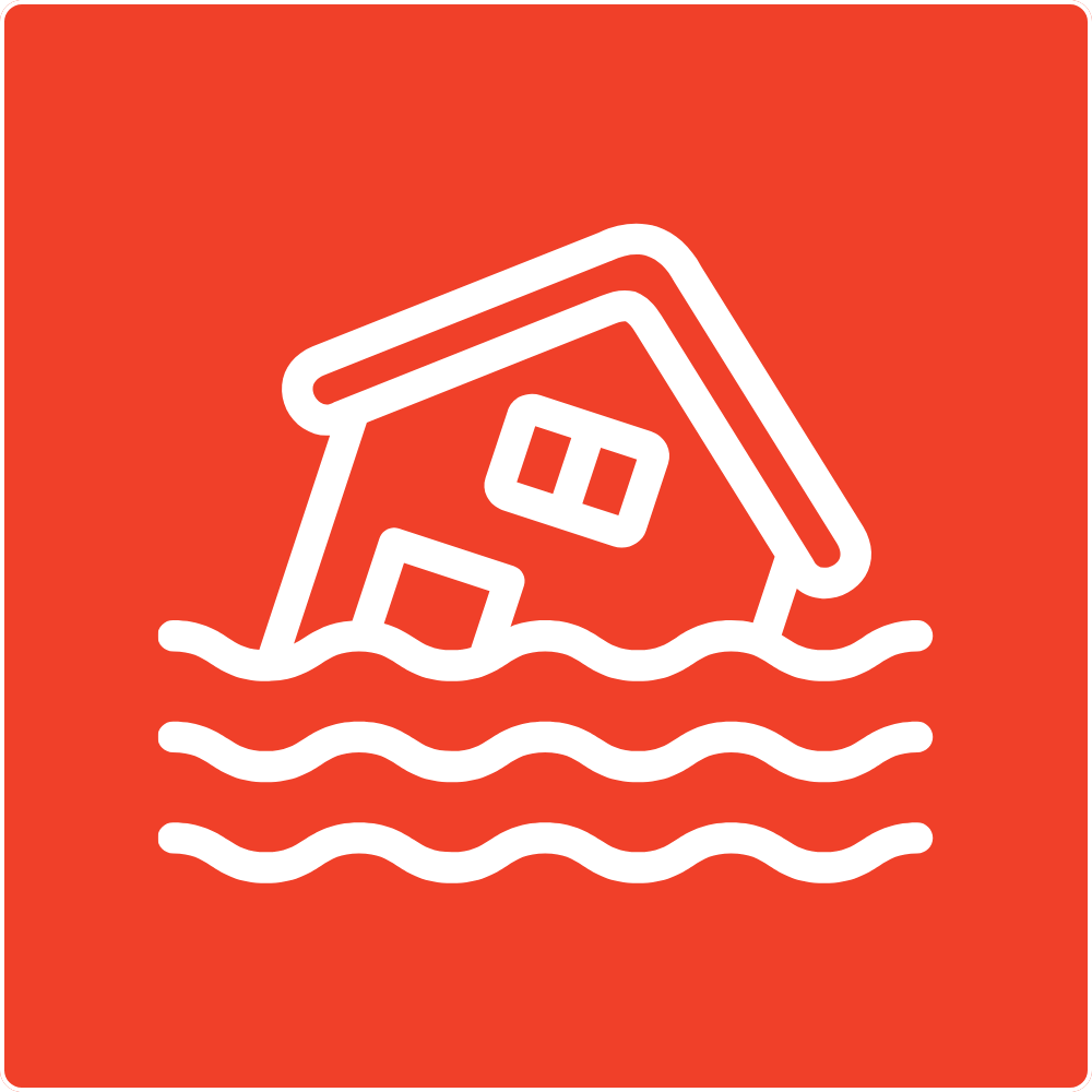 Icon of a house submerged in water, symbolizing flooding, with a red background.
