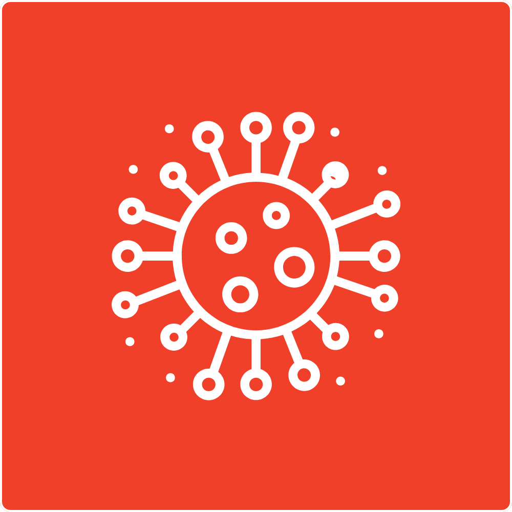 Icon of a virus with circular structure and protruding spikes on a red background.
