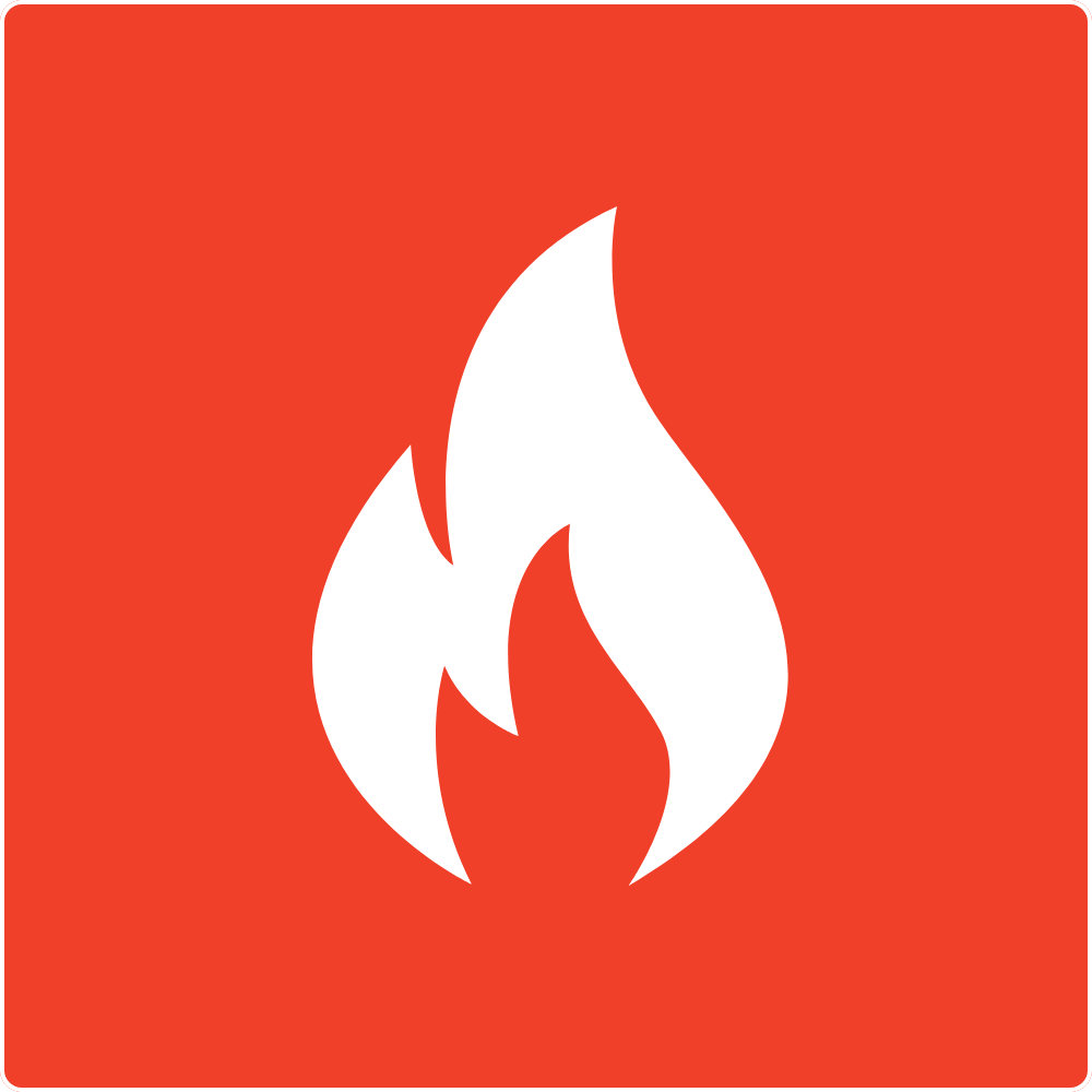 White flame icon on red background, representing fire