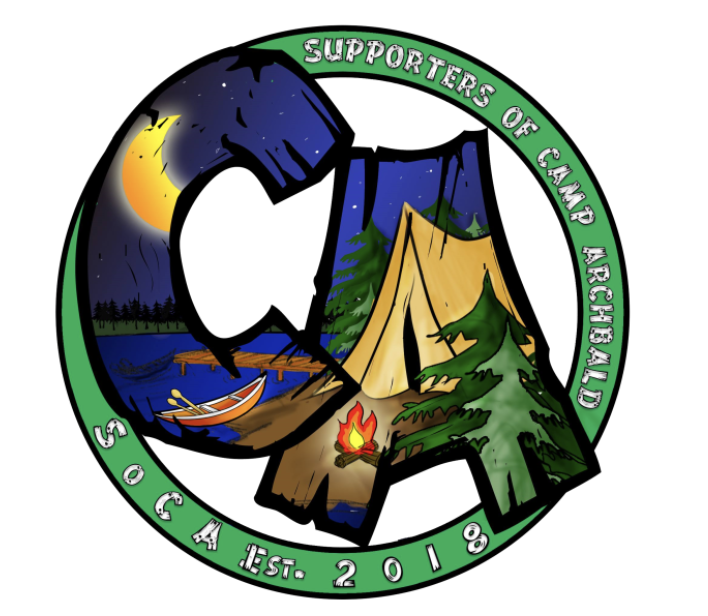 Circular logo with a camp scene divided into four sections: a night sky with a moon and stars, a lake with a boat, a campfire, and trees with a tent, encircled by green text reading "Supporters of Camp Archibald" and "S.O.C.A. Est. 2018".