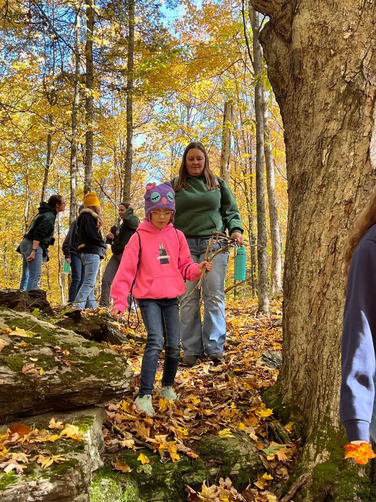 A group of people hiking through a fall forest scene with colorful autumn leaves, rocks, and trees.