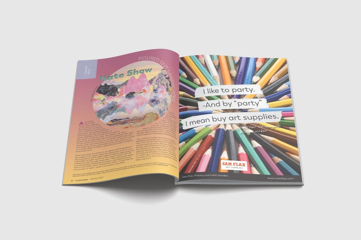 Right page: One of a trio of ads created for the magazine featuring a local art supply store, Sam Flax, which has way too much of my money....
