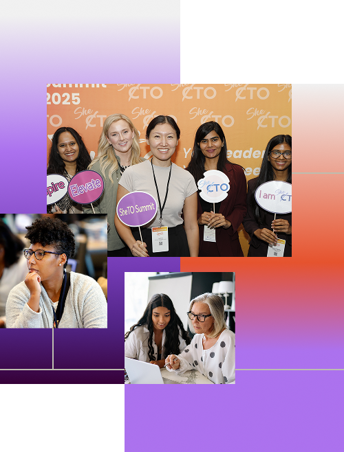 Collage of She.T.O. members: women at a conference, women listenign at an event, women working together.