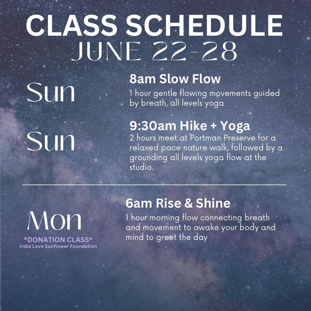 Class schedule for June 22-28!

3 opportunities to take care of yourself and others with our donation classes benefiting Sunflower Film Festival 
Also festival goers receive 20% off all other classes! Just drop in and show us your festival pass.

Sig